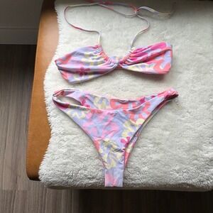 Floral Bikini Set, Pink Purple Yellow Print, Tie Halter Top, Swimsuit, Beachwear